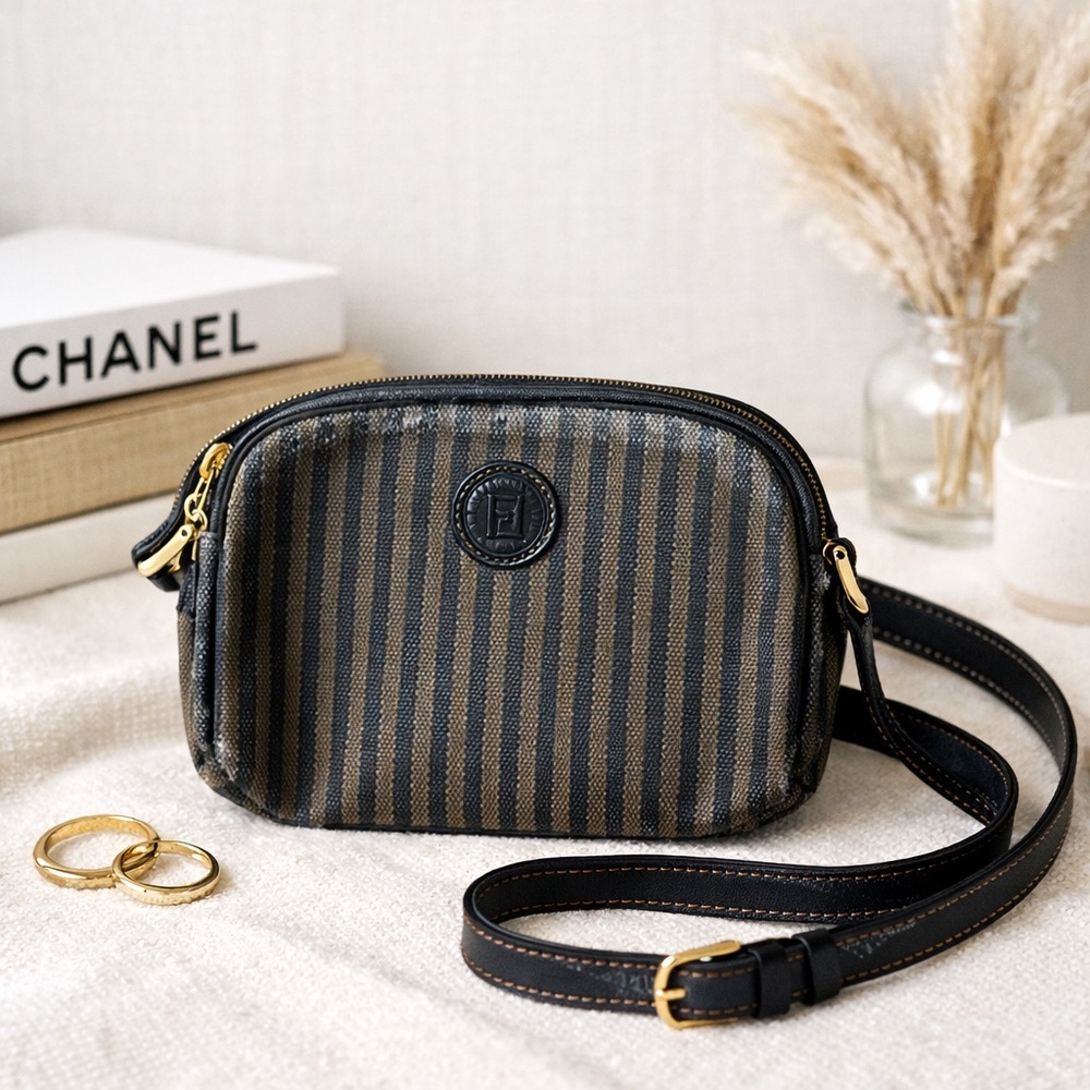 Authentic Fendi Vintage Penguin Striped Crossbody Bag Black Leather